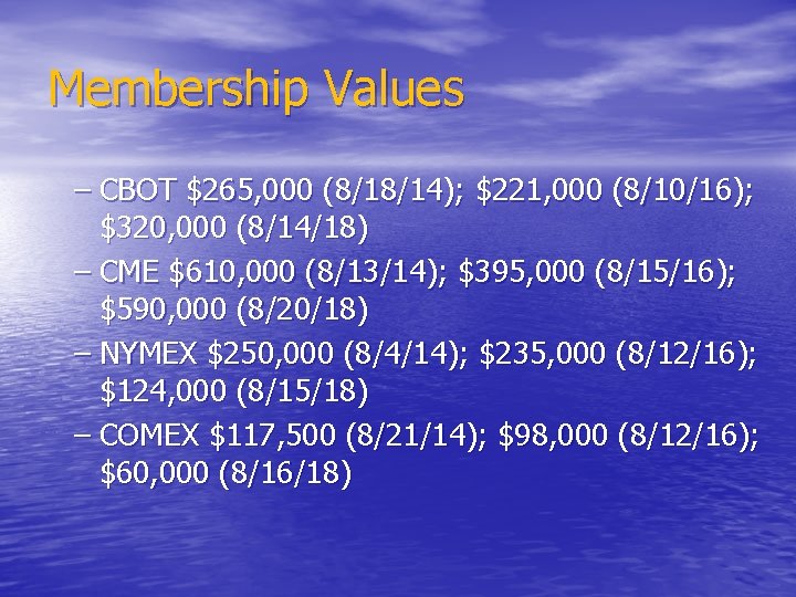 Membership Values – CBOT $265, 000 (8/18/14); $221, 000 (8/10/16); $320, 000 (8/14/18) –