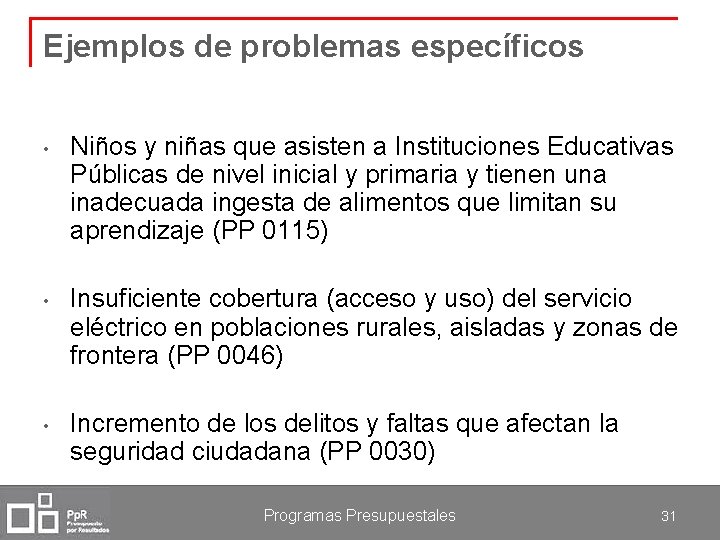 Ejemplos de problemas específicos • Niños y niñas que asisten a Instituciones Educativas Públicas