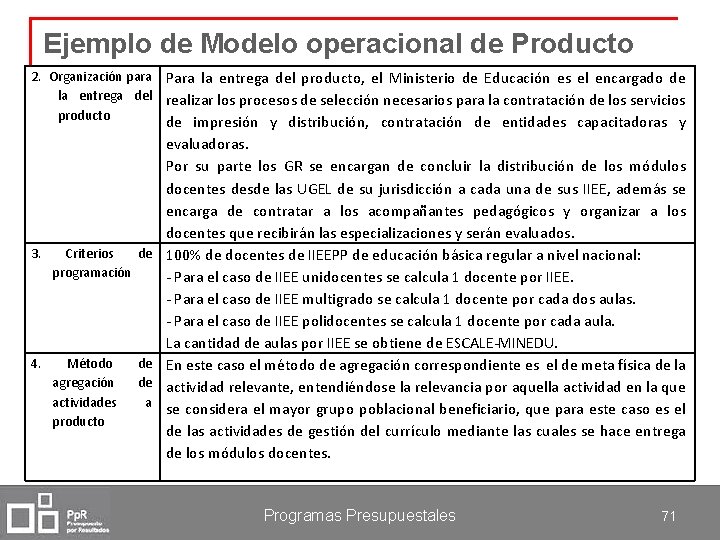 Ejemplo de Modelo operacional de Producto 2. Organización para Para la entrega del producto,