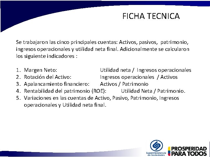 FICHA TECNICA Se trabajaron las cinco principales cuentas: Activos, pasivos, patrimonio, ingresos operacionales y FICHA TECNICA Se trabajaron las cinco principales cuentas: Activos, pasivos, patrimonio, ingresos operacionales y