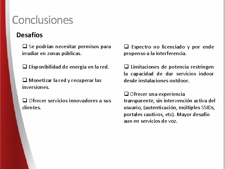 Conclusiones Desafíos q Se podrían necesitar permisos para irradiar en zonas públicas. q Espectro