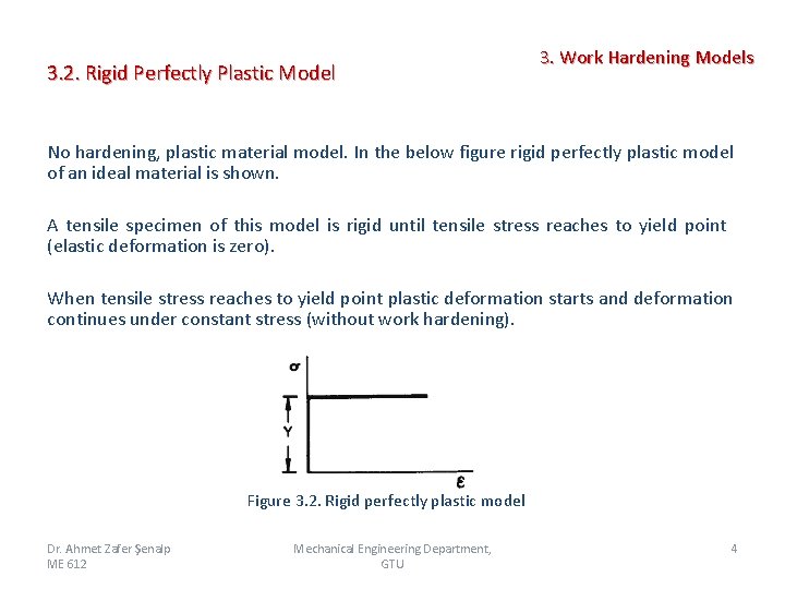 3. 2. Rigid Perfectly Plastic Model 3. Work Hardening Models No hardening, plastic material