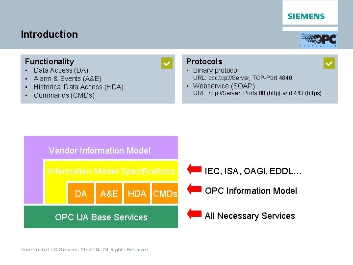 Introduction Functionality Protocols • • • Binary protocol Data Access (DA) Alarm & Events