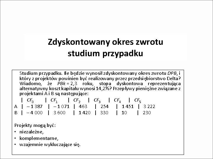 Zdyskontowany okres zwrotu studium przypadku Studium przypadku. Ile będzie wynosił zdyskontowany okres zwrotu DPB,