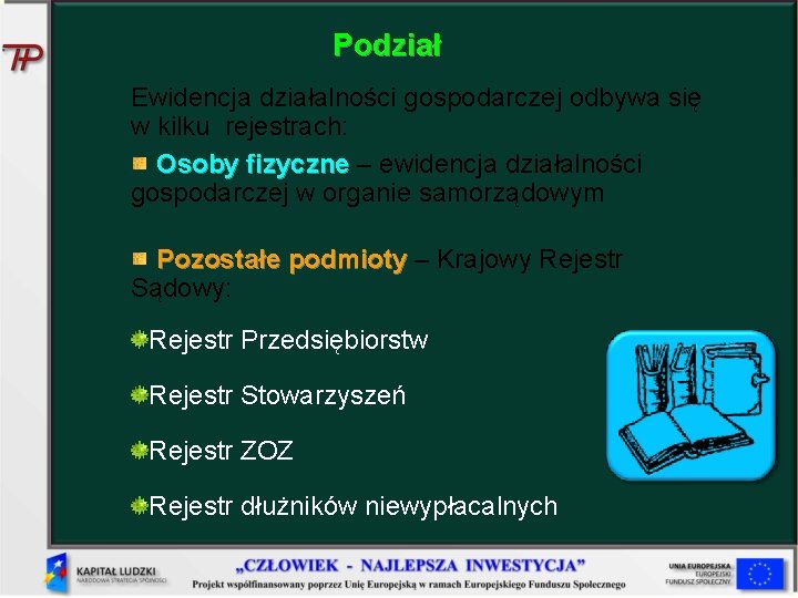 Podział Ewidencja działalności gospodarczej odbywa się w kilku rejestrach: Osoby fizyczne – ewidencja działalności