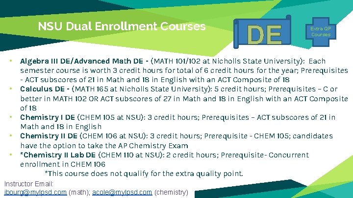 NSU Dual Enrollment Courses • • • Extra QP Courses Algebra III DE/Advanced Math NSU Dual Enrollment Courses • • • Extra QP Courses Algebra III DE/Advanced Math
