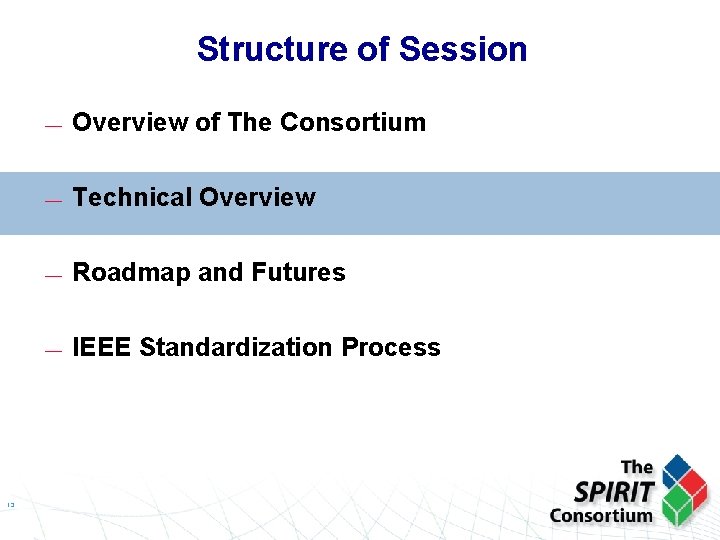 Structure of Session — Overview of The Consortium 13 — Technical Overview — Roadmap