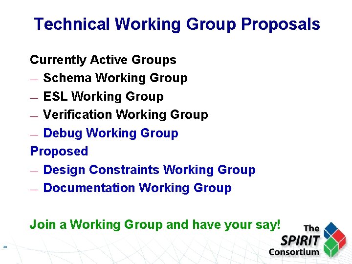 Technical Working Group Proposals Currently Active Groups — Schema Working Group — ESL Working