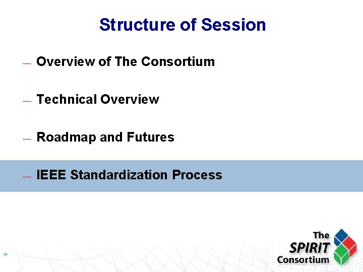 Structure of Session — Overview of The Consortium 35 — Technical Overview — Roadmap