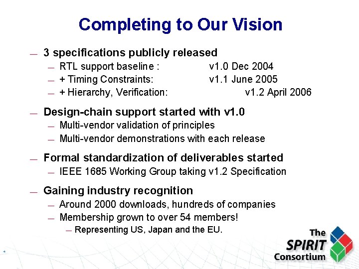 Completing to Our Vision — 3 specifications publicly released — — — Multi-vendor validation