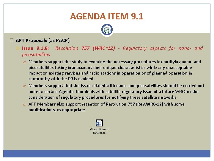 AGENDA ITEM 9. 1 � APT Proposals (as PACP): Issue 9. 1. 8: Resolution