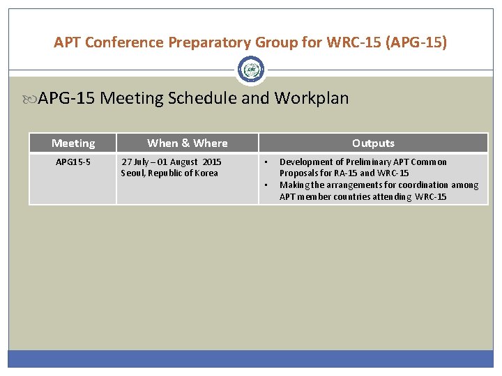 APT Conference Preparatory Group for WRC-15 (APG-15) APG-15 Meeting Schedule and Workplan Meeting APG