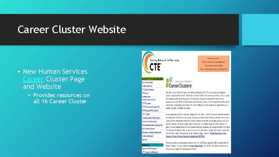 Career Cluster Website • New Human Services Career Cluster Page and Website • Provides