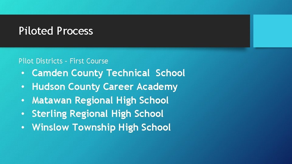 Piloted Process Pilot Districts – First Course • • • Camden County Technical School