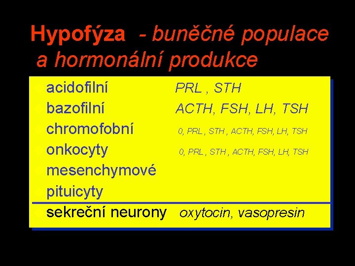 Hypofýza - buněčné populace a hormonální produkce u acidofilní u bazofilní PRL , STH