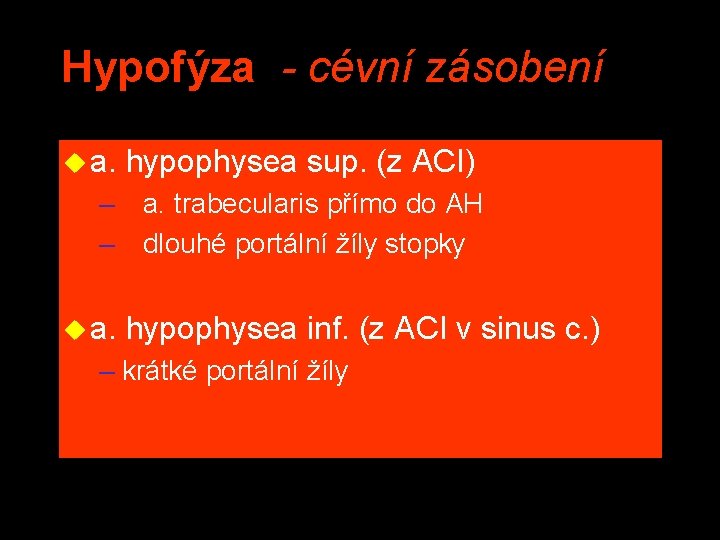 Hypofýza - cévní zásobení u a. hypophysea sup. (z ACI) – a. trabecularis přímo