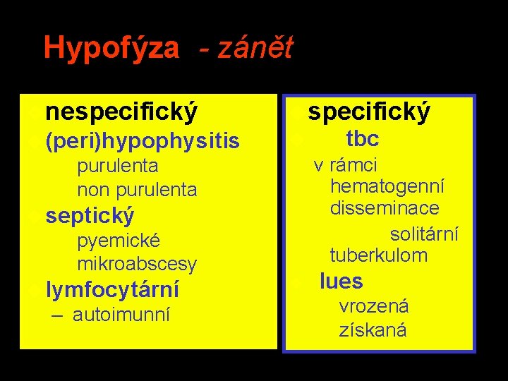 Hypofýza - zánět unespecifický u (peri)hypophysitis u v rámci hematogenní disseminace solitární tuberkulom purulenta