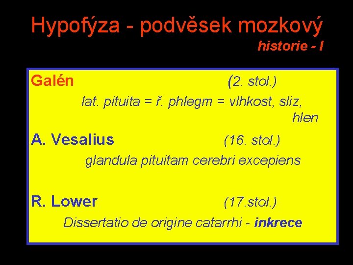 Hypofýza - podvěsek mozkový historie - I Galén (2. stol. ) lat. pituita =