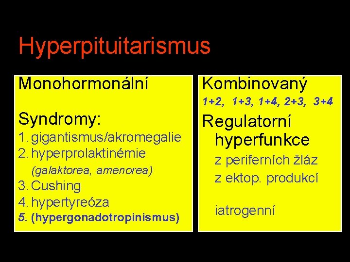 Hyperpituitarismus Monohormonální Kombinovaný 1+2, 1+3, 1+4, 2+3, 3+4 Syndromy: 1. gigantismus/akromegalie 2. hyperprolaktinémie (galaktorea,