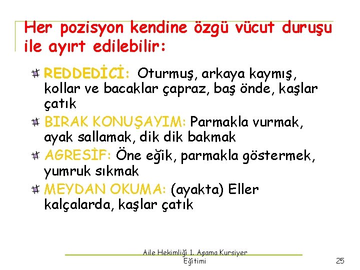 Her pozisyon kendine özgü vücut duruşu ile ayırt edilebilir: REDDEDİCİ: Oturmuş, arkaya kaymış, kollar