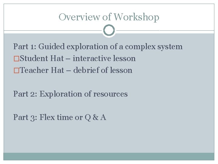 Overview of Workshop Part 1: Guided exploration of a complex system �Student Hat –