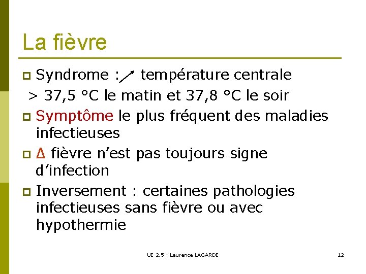 La fièvre Syndrome : température centrale > 37, 5 °C le matin et 37,