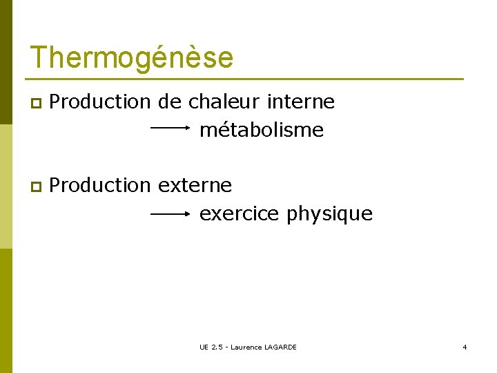Thermogénèse p Production de chaleur interne métabolisme p Production externe exercice physique UE 2.