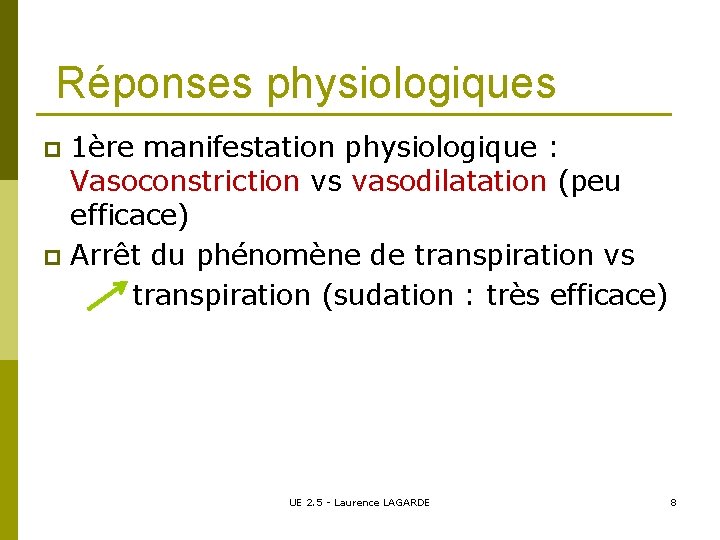Réponses physiologiques 1ère manifestation physiologique : Vasoconstriction vs vasodilatation (peu efficace) p Arrêt du