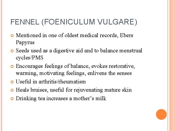 FENNEL (FOENICULUM VULGARE) Mentioned in one of oldest medical records, Ebers Papyrus Seeds used