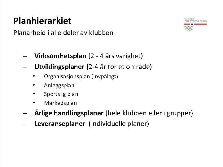 Planhierarkiet Planarbeid i alle deler av klubben – Virksomhetsplan (2 - 4 års varighet)