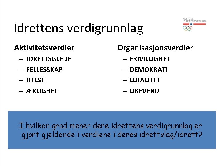 Idrettens verdigrunnlag Aktivitetsverdier – – IDRETTSGLEDE FELLESSKAP HELSE ÆRLIGHET Organisasjonsverdier – – FRIVILLIGHET DEMOKRATI