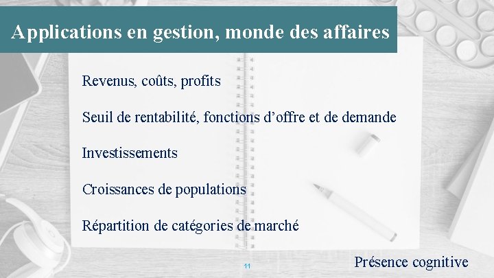 Applications en gestion, monde des affaires Revenus, coûts, profits Seuil de rentabilité, fonctions d’offre