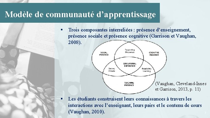 Modèle de communauté d’apprentissage § Trois composantes interreliées : présence d’enseignement, présence sociale et