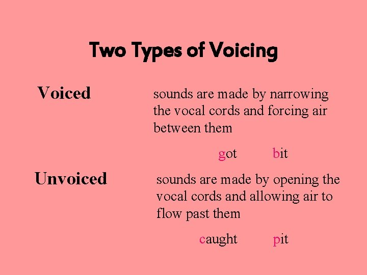 Two Types of Voicing Voiced sounds are made by narrowing the vocal cords and