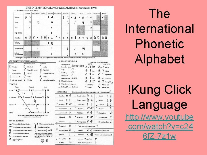 The International Phonetic Alphabet !Kung Click Language http: //www. youtube. com/watch? v=c 24 6