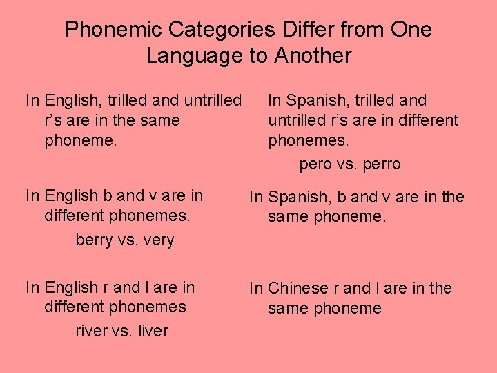 Phonemic Categories Differ from One Language to Another In English, trilled and untrilled In