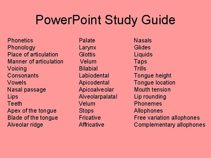 Power. Point Study Guide Phonetics Palate Phonology Larynx Place of articulation Glottis Manner of