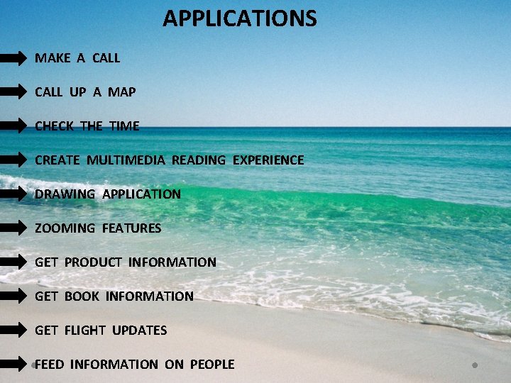 APPLICATIONS MAKE A CALL UP A MAP CHECK THE TIME CREATE MULTIMEDIA READING EXPERIENCE APPLICATIONS MAKE A CALL UP A MAP CHECK THE TIME CREATE MULTIMEDIA READING EXPERIENCE