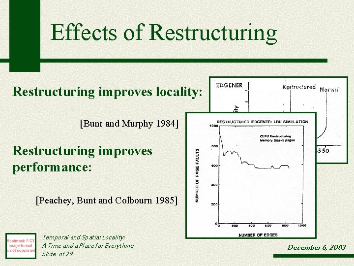 Effects of Restructuring improves locality: [Bunt and Murphy 1984] Restructuring improves performance: [Peachey, Bunt