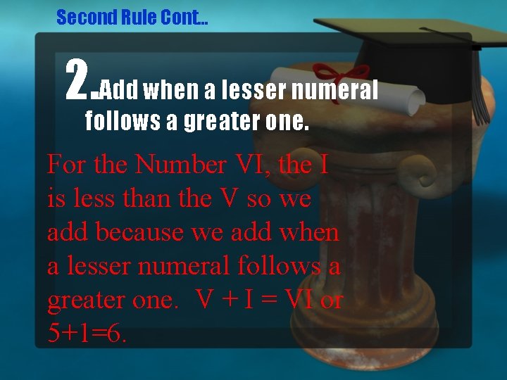 Second Rule Cont… 2. Add when a lesser numeral follows a greater one. For