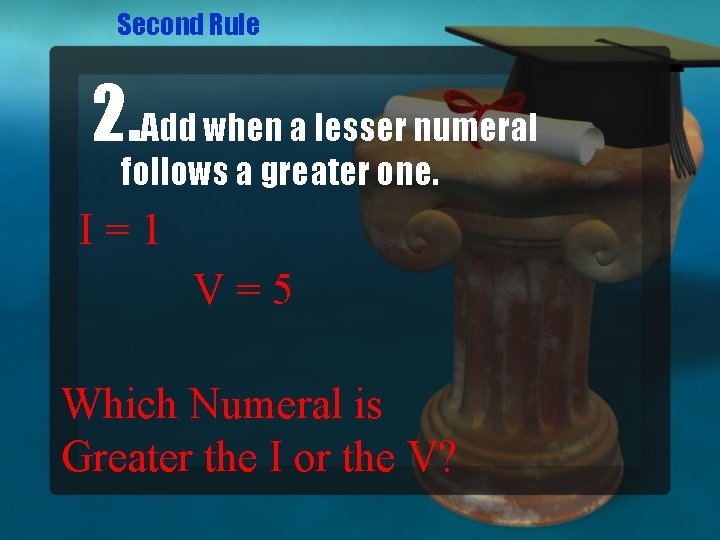 Second Rule 2. Add when a lesser numeral follows a greater one. I=1 V=5
