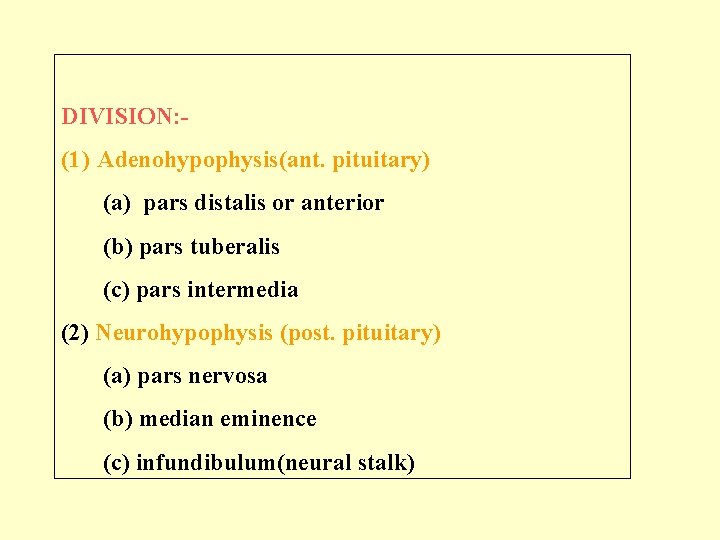 DIVISION: - (1) Adenohypophysis(ant. pituitary) (a) pars distalis or anterior (b) pars tuberalis (c)