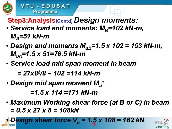 Step 3: Analysis(Contd) Design moments: • Service load end moments: MB=102 k. N-m, MA=51 Step 3: Analysis(Contd) Design moments: • Service load end moments: MB=102 k. N-m, MA=51