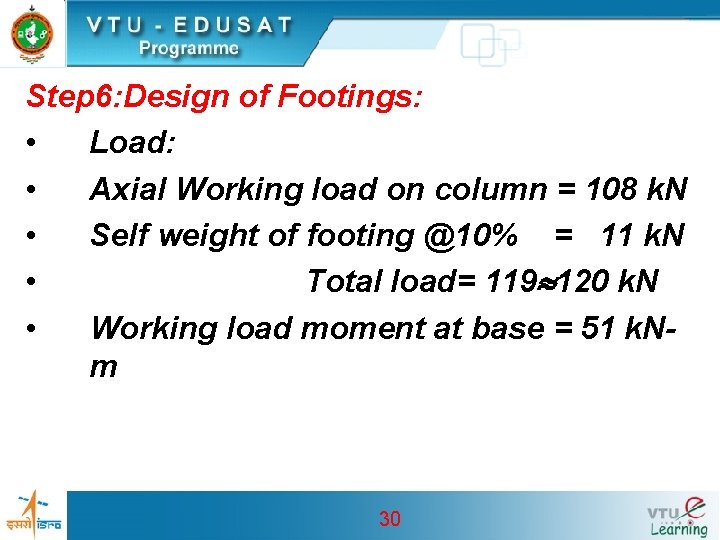 Step 6: Design of Footings: • Load: • Axial Working load on column = Step 6: Design of Footings: • Load: • Axial Working load on column =