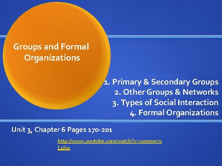 Groups and Formal Organizations 1. Primary & Secondary Groups 2. Other Groups & Networks