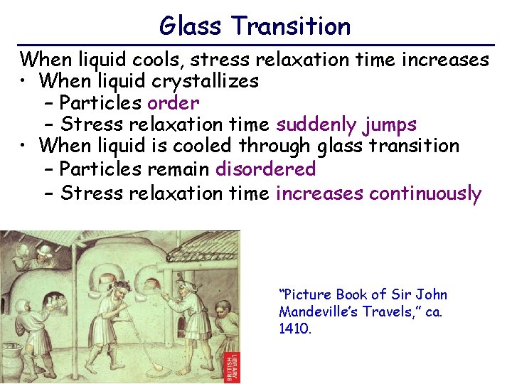 Glass Transition When liquid cools, stress relaxation time increases • When liquid crystallizes –