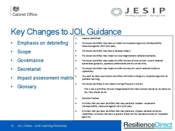 Key Changes to JOL Guidance 1. • Emphasis on debriefing • Scope • Governance