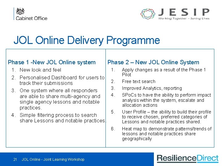 JOL Online Delivery Programme Phase 1 -New JOL Online system 1. New look and