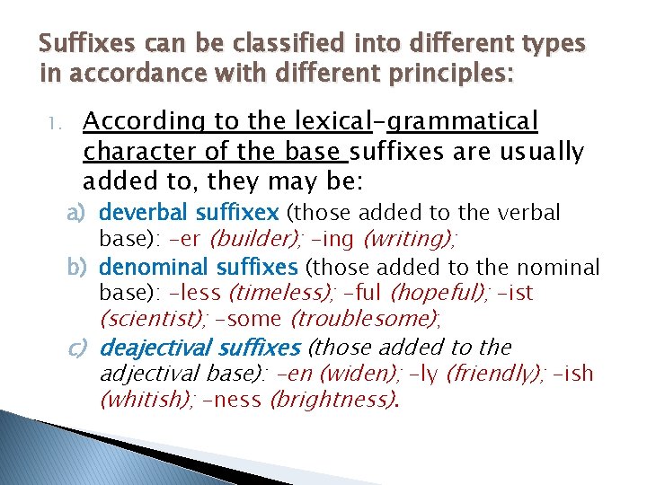 Suffixes can be classified into different types in accordance with different principles: 1. According