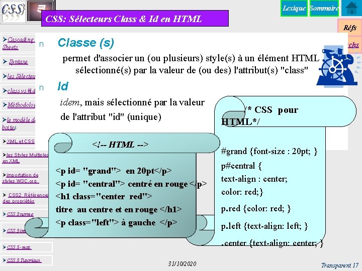 Lexique Sommaire CSS: Sélecteurs Class & Id en HTML ØCascading Style n Sheets Ø